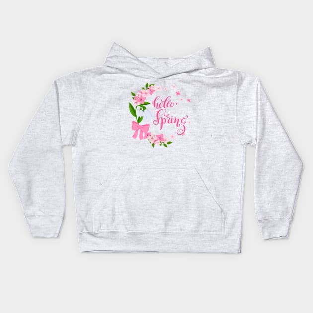 Spring wreath with snowdrops and cherry blossom and calligraphy "Hello Spring" Kids Hoodie by Ayaruta